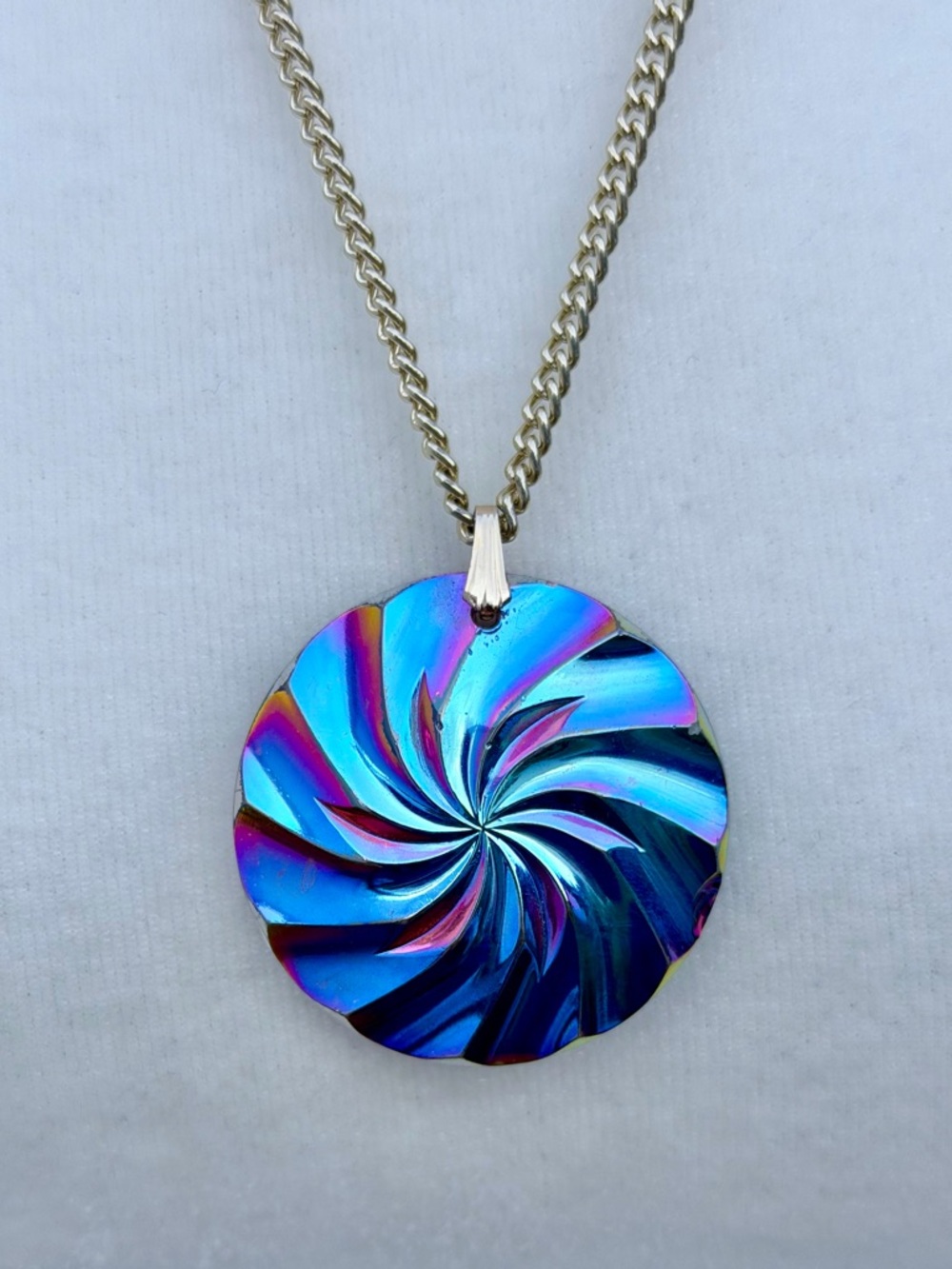 Iridescent Swirl Glass Pendant 24” Art To Wear Necklace, Vintage Germany